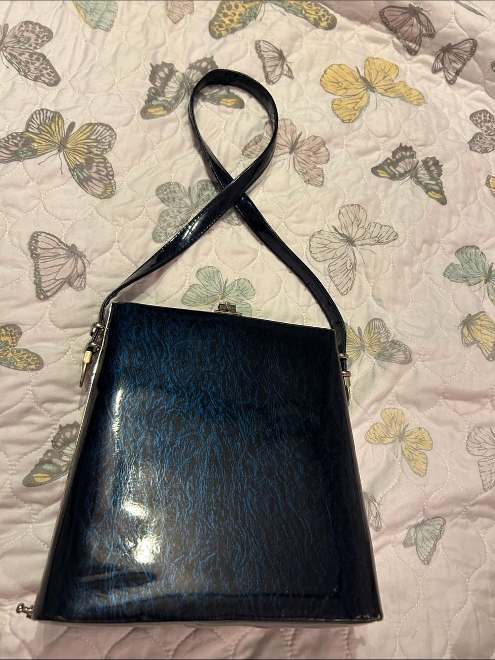 Vintage Patent Leather Navy Blue Structured Shoulder Bag